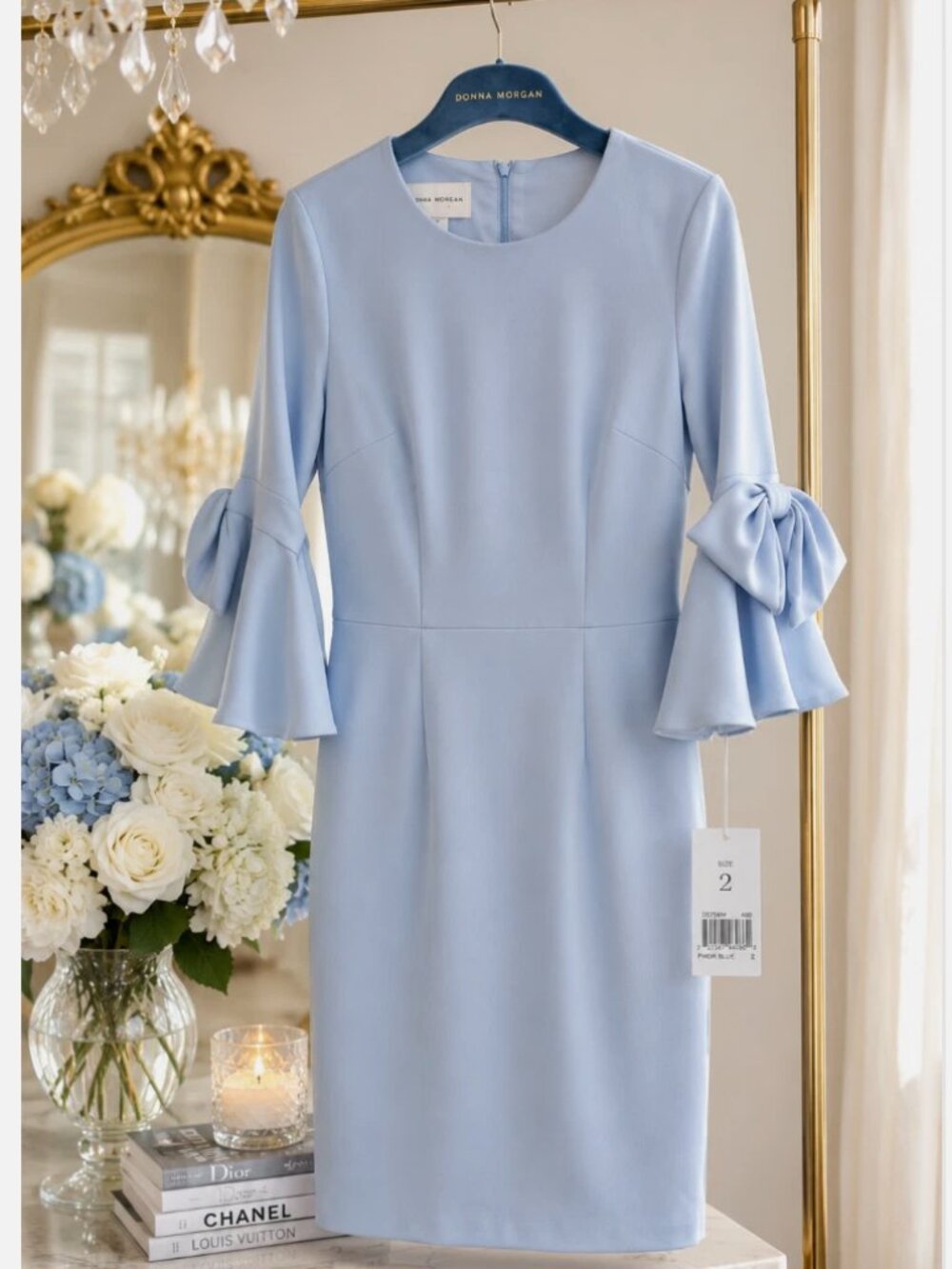 Donna Morgan Powder Blue Bow Sleeve Sheath Dress Wedding Guest Size 2